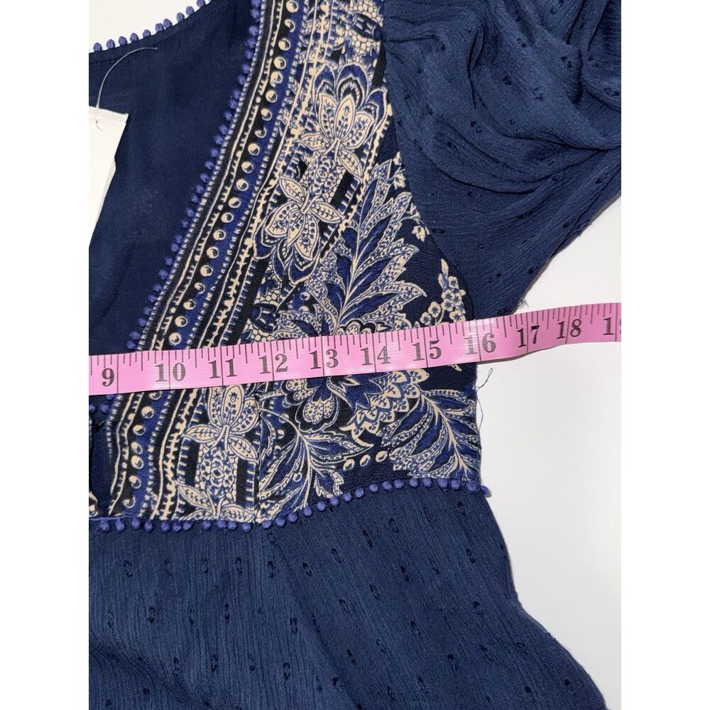 Free People My‎ Love Mini Dress Boho Hippie Balloon Sleeve Blue Floral Patch XS - Picture 13 of 16